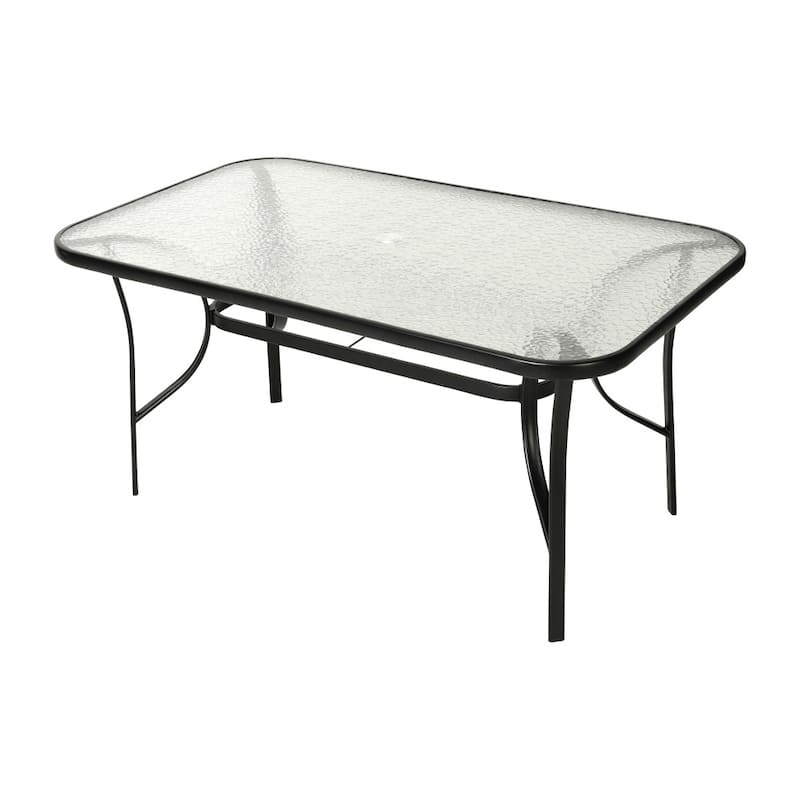 Outdoor Dining Set for 6 with Glass Patio Table and 6 Metal Stack Chair in Black