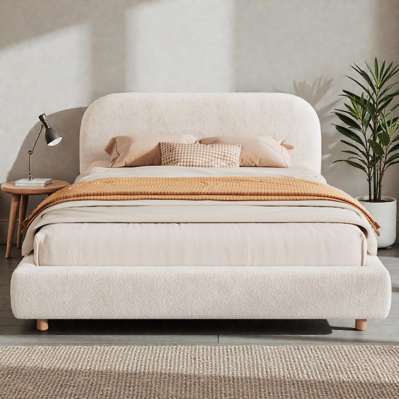 Upholstered Platform Bed with Curved Thick Headboard and Solid Wood Legs, Modern Fabric Bed Frame No Box Spring - White - Queen