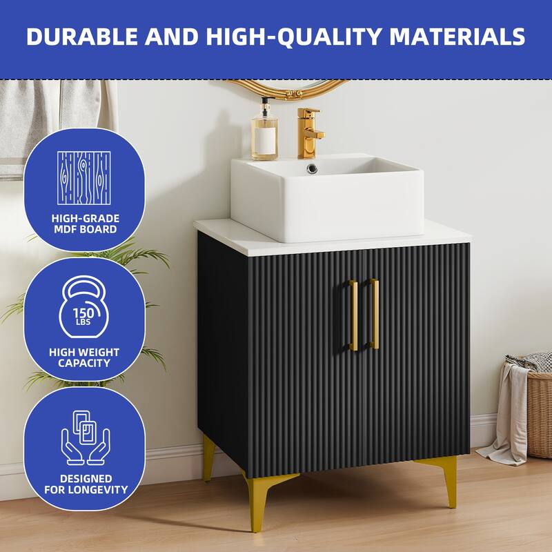 Freestanding Bathroom Vanity with White Stone Top Soft Close Doors and Gold Accents