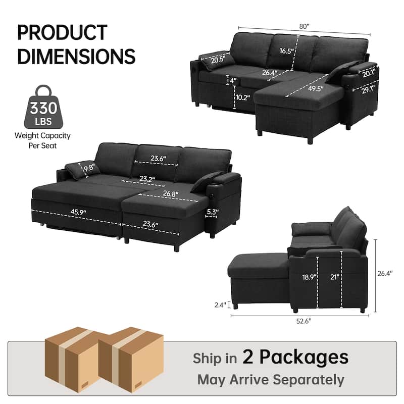 Convertible Sleeper Sofa 3-in-1 Pull Out Sectional Sofa Bed L/U-Shaped Couch with Storage Chaise