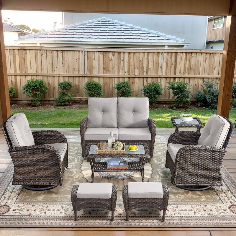 Gymojoy Outdoor Wicker Patio Furniture Loveseat Glider & Chair Set - Loveseat Set - included Swivel Chairs - Brown Wicker / Beige Cusion