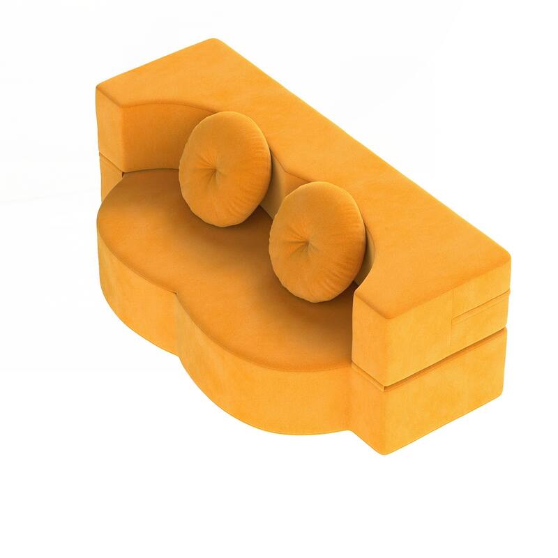 Modern Floor Sofa with 2 Pillows,Convertible Plush Corduroy Foam-Filled Sleeper Sofa Bed - Yellow