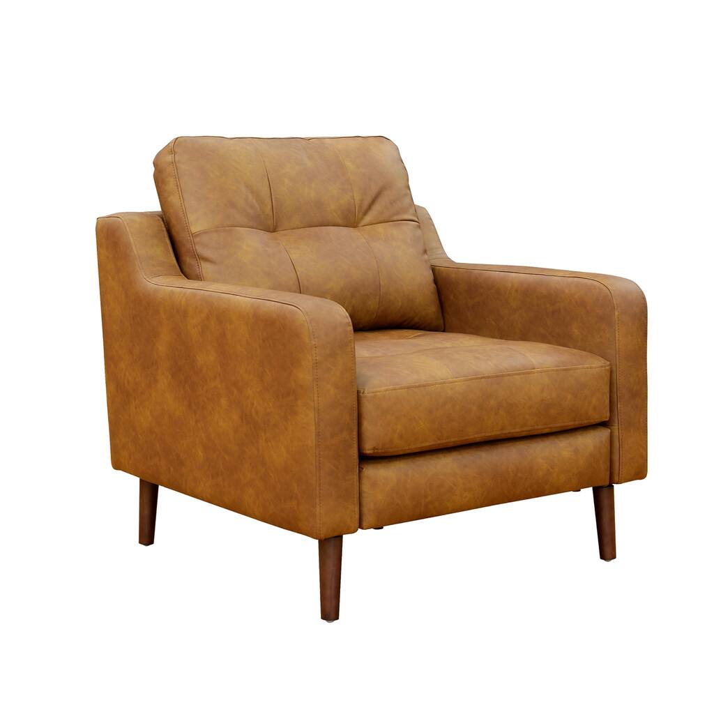 Leather and Wood Modular Accent Chair in Caramel