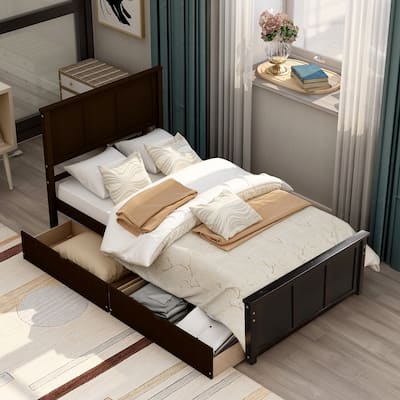 Pine Wooden Bed Frame with Wood Slat and Wheels, Twin Size Platform Bed with 2 Drawers Storage Bed for Bedroom/Apartment