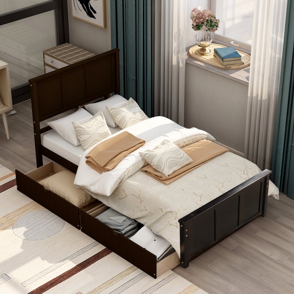 Pine Wooden Bed Frame with Wood Slat and Wheels, Twin Size Platform Bed with 2 Drawers Storage Bed for Bedroom/Apartment