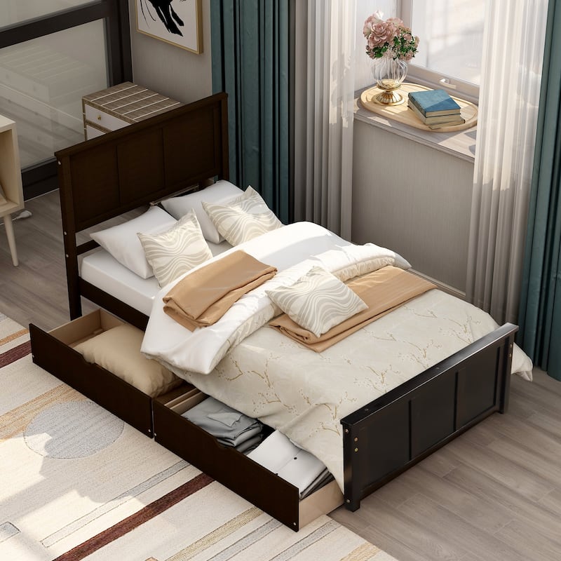 Twin Pine Platform Bed with Drawers & Headboard