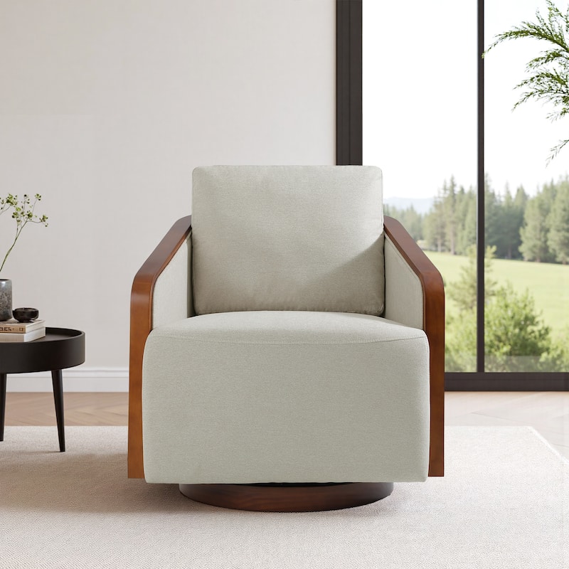Upholstered Swivel Barrel Chair with Curved Wood Arms