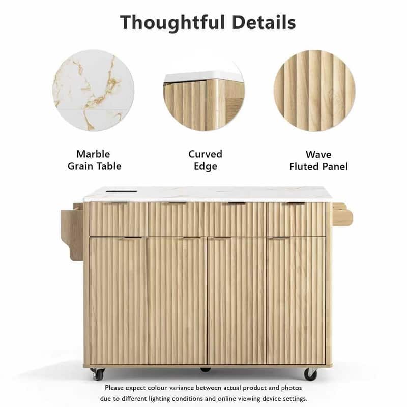 Fluted 55.5" Kitchen Island with Drop Leaf, Rolling Island Table with Drawers, Power Outlet for Functional Kitchen Organization