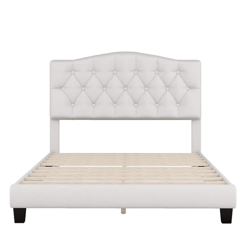 Beige Linen Upholstered Wood Platform Bed with Tufted Curved Headboard