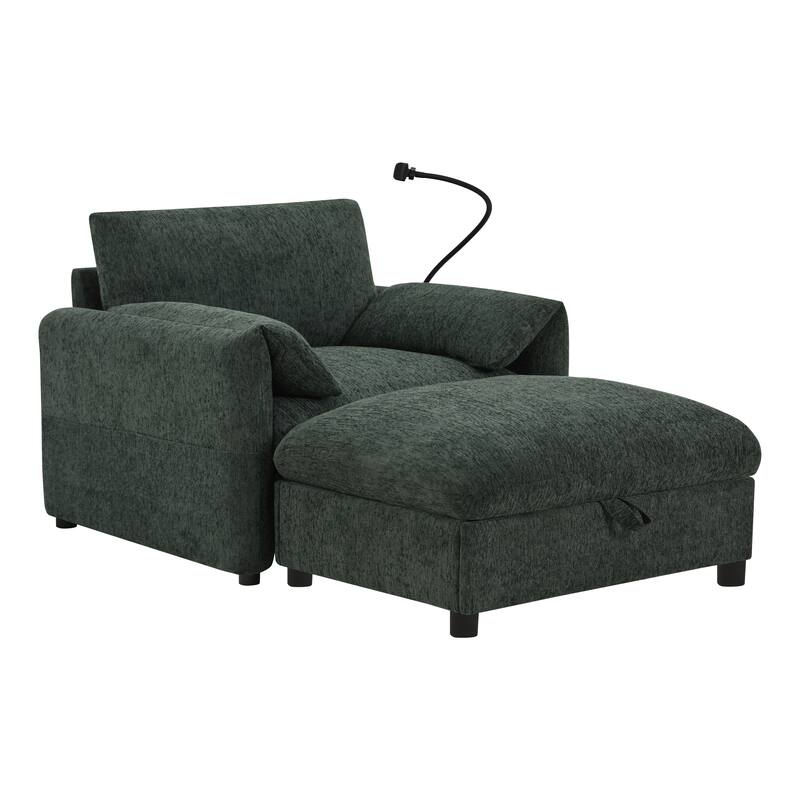 Single Sofa with Storage Ottoman, Lounge Chair with Phone Holder, USB Charger & Side Pockets, Comfy Chenille Reading Armchair
