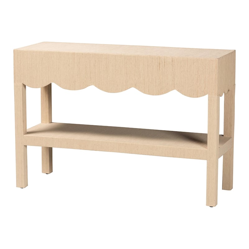 Mason Natural Grasscloth Console Table - Two-Tier Entryway Table with Scalloped Apron, Modern Coastal Accent Table - Beige