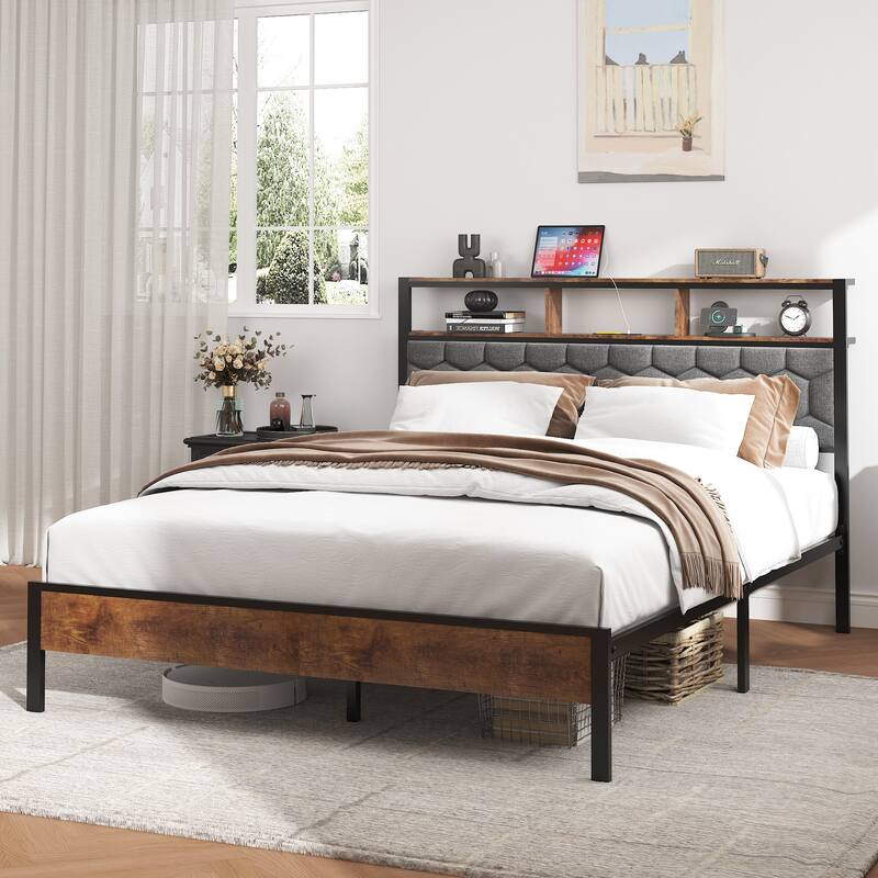 Wooden Platform Bed Frame with 2 USBs,No Noise