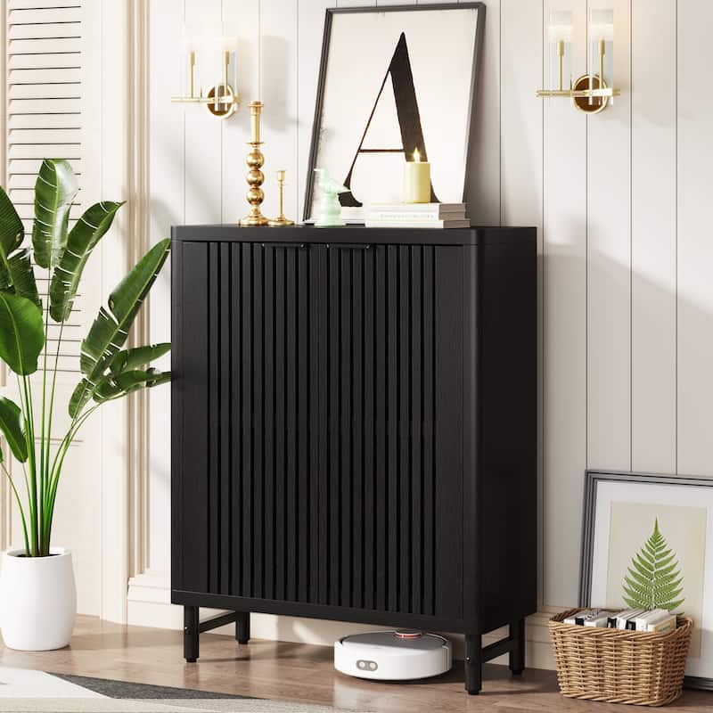 24 Pairs Wood Shoe Storage Cabinet with 2-Door and Adjustable Shelving for Entryway Living Room