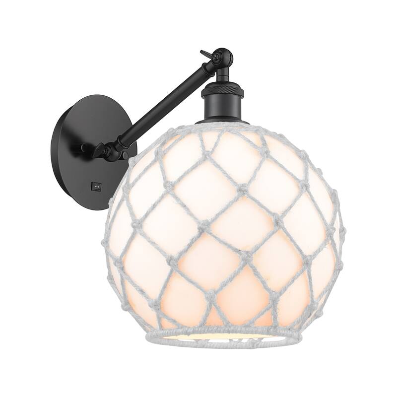 Innovations Lighting Endless Possibilities Ballston - Farmhouse Rope - 1 Light 10" Adjustable Sconce - Arm Adjusts Up and Down - White Glass with White Rope/Matte Black