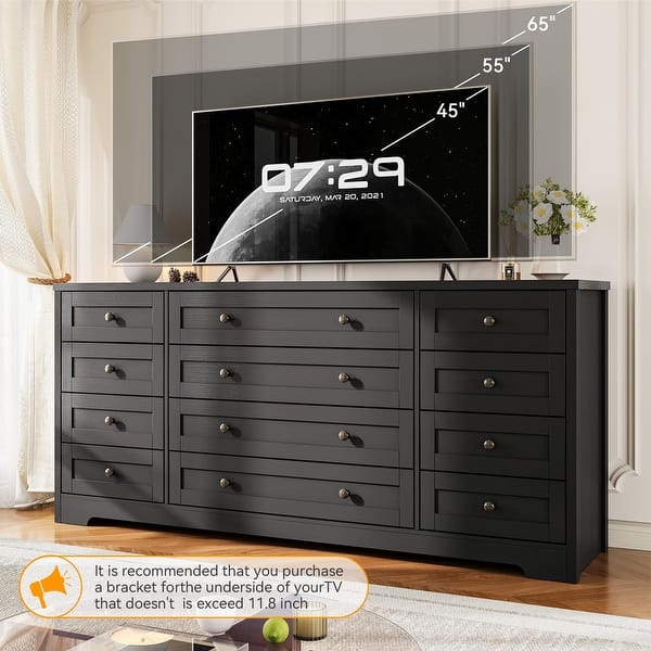 dresser 65 inches long Qeetex Wooden Dressers for Bedroom with 12 Drawers - Wide TV Stand Dresser for 65 Inch TV - Chest of Drawers