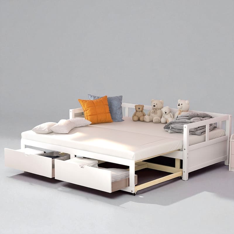 Extendable Wooden Daybed with Trundle and Storage Drawers, Twin to King Size, Sofa Bed with Slats