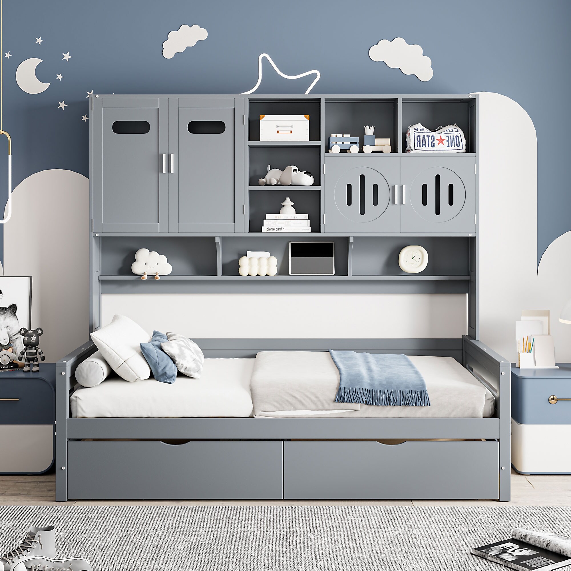 Twin Size Daybed with All in One Cabinet and Shelf Flexible Storage Gray Bed Frame with 2 Drawers