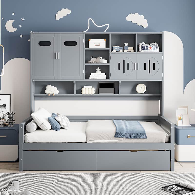 Twin Size Wooden Daybed with 2 Drawers, All-in-One Cabinet and Shelf for Bedroom