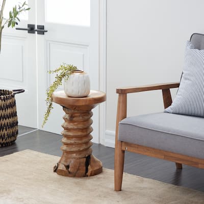 Brown Teak Wood Handmade Live Edge Accent Table with Coiled Base