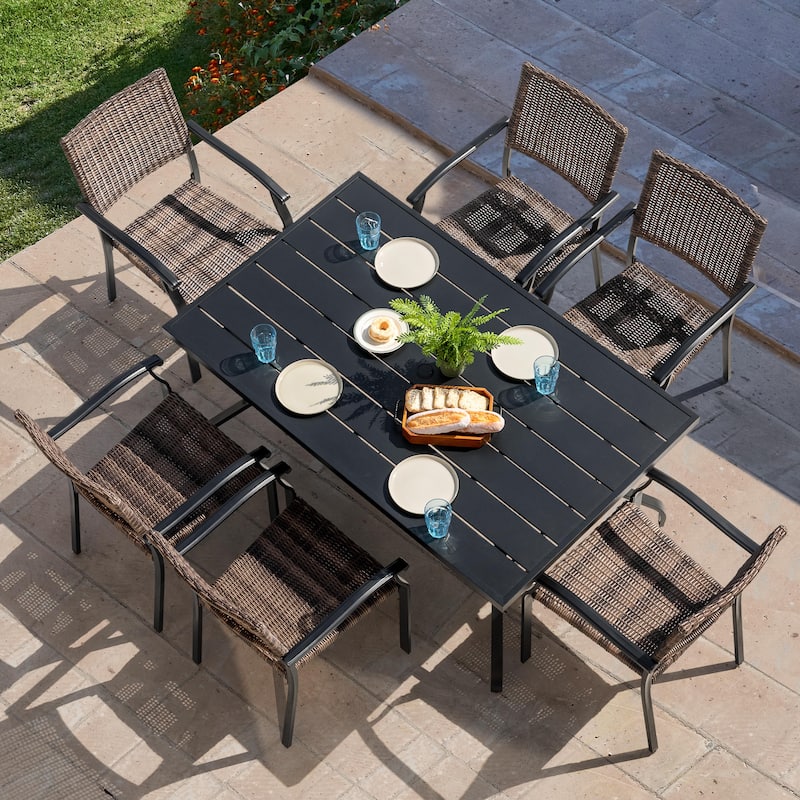 Outdoor Patio Iron Dining Chairs, All-Weather Wicker Material, Black