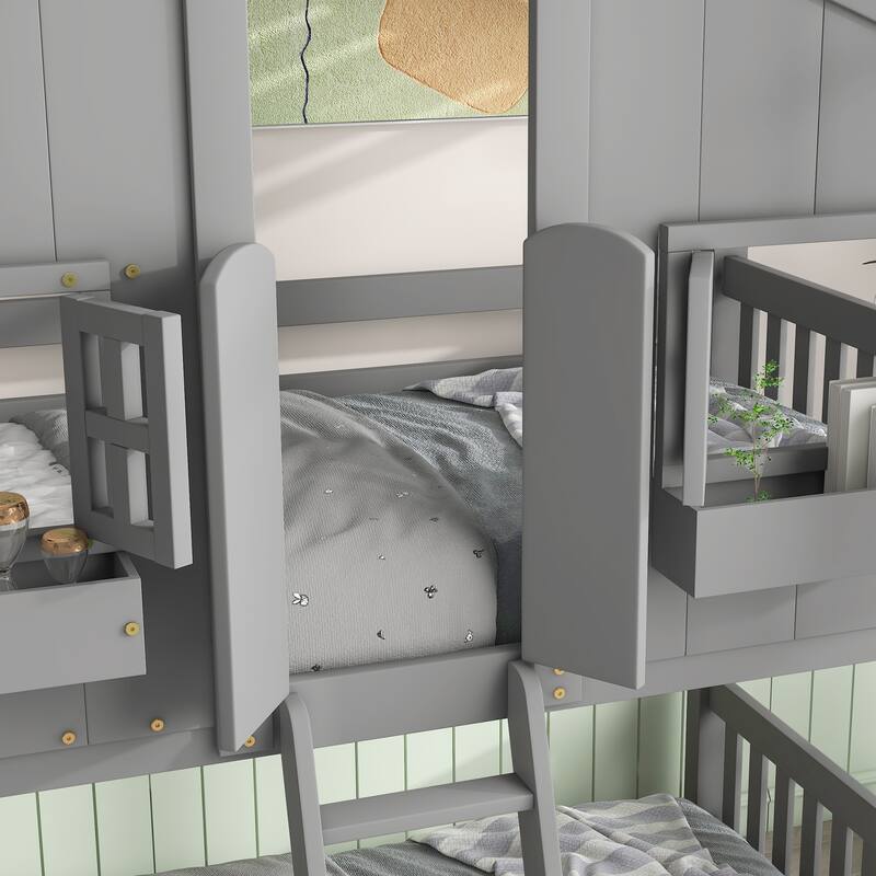 Twin Over Twin Bunk Bed with House Roof, Playful Window Design, Ladder & Guardrails