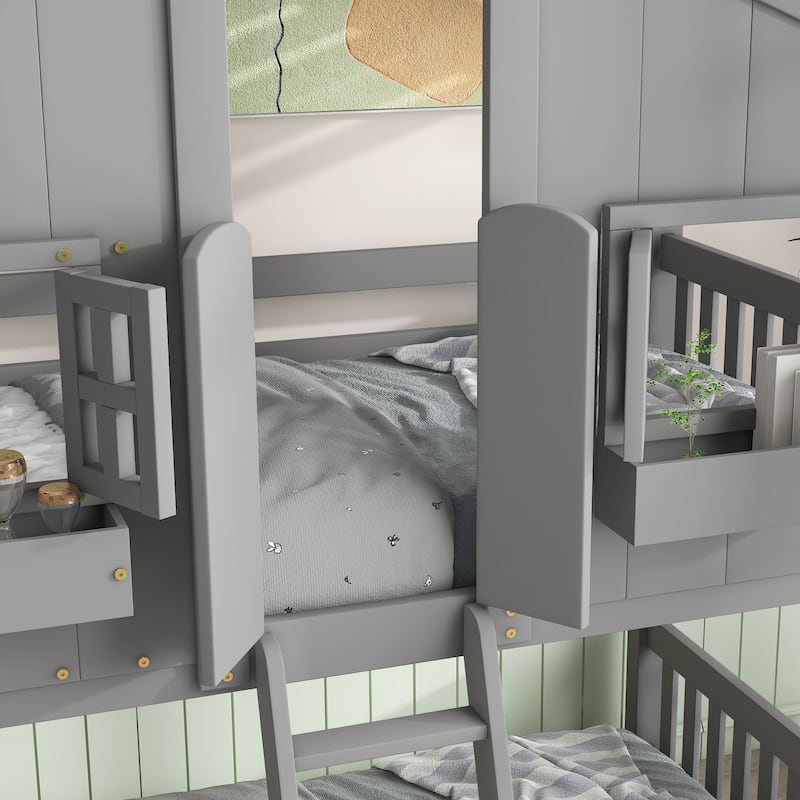 Twin over Twin House Bunk Bed with Roof , Window, Window Box, Door , with Safety Guardrails and Ladder, Grey