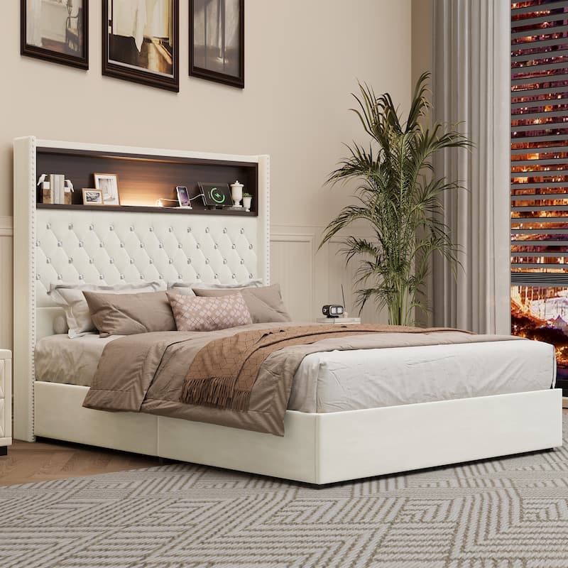 Velvet Tufted Wingback Bed Frame with Rivet Decoration Headboard Built-in Shelf USB Port and Night Light, Soft Platform Bed - Beige - Full