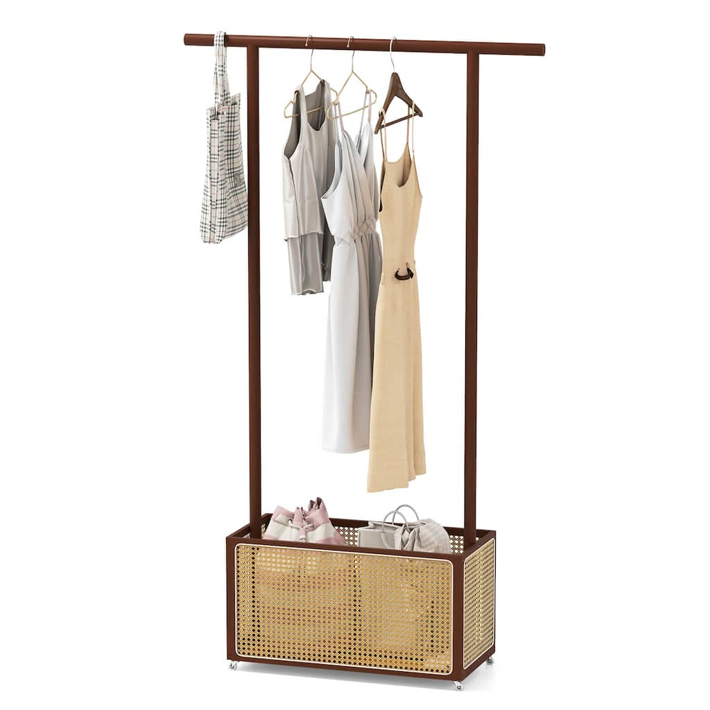 Costway Bamboo Clothes Rack with Rattan Storage Basket & Wheels, - See Details