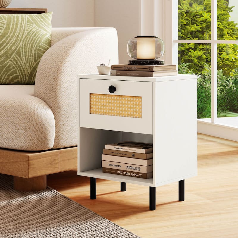Costway 1/2 PCS Rattan Nightstand Boho End Table with Drawer & Open - See Details