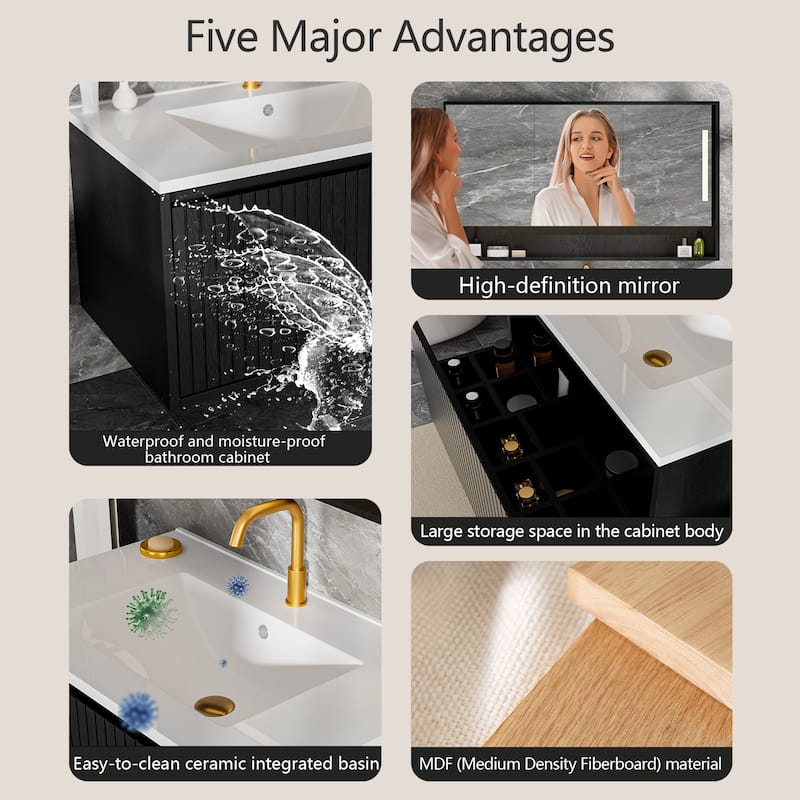 30 Inch Wall Mounted Bathroom Vanity with Ceramic Sink, Floating Cabinet with Drawers, Modern Fluted Design