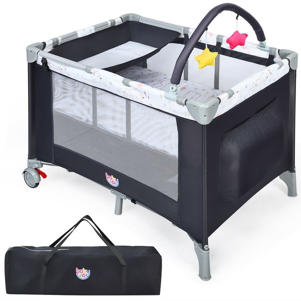 slide 2 of 9, Gymax Portable Baby Playard Playpen Nursery Center w/ Mattress & - See Details Grey - See Details