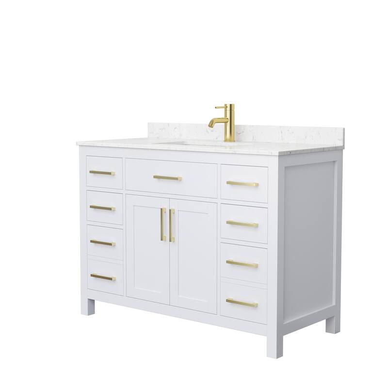 Beckett 48 Inch Single Vanity, Cultured Marble Top - White, Gold Trim, Carrara Cultured Marble Top