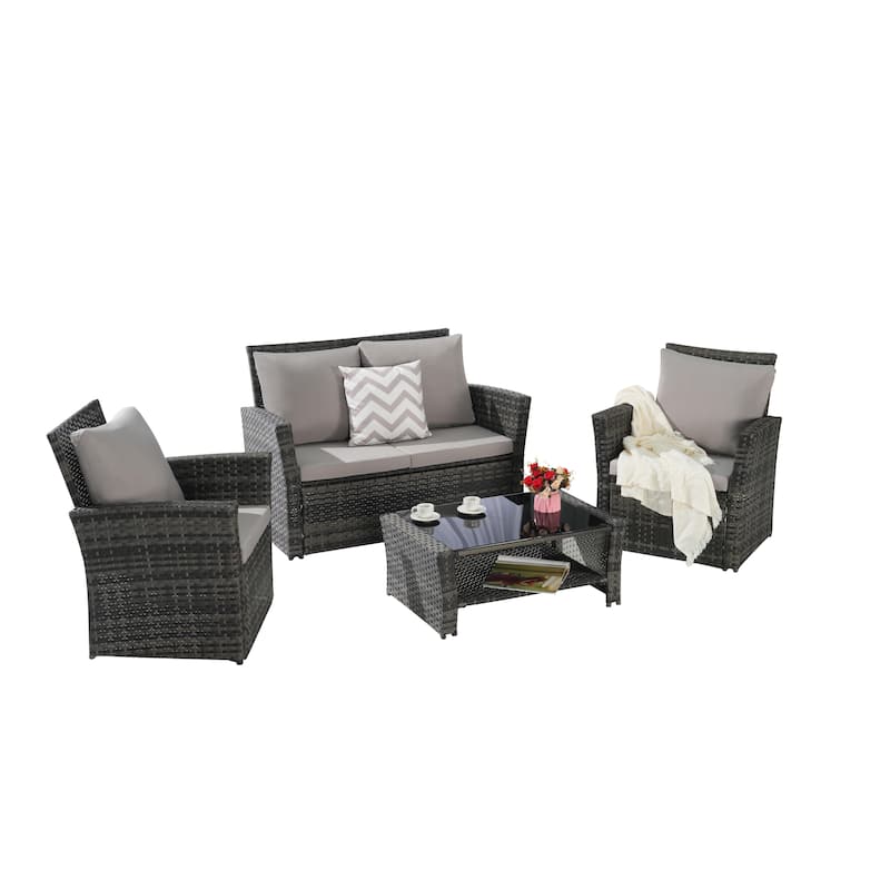 4-Piece Outdoor Patio Rattan Conversation Sofa Set with Tempered Glass Coffee Table