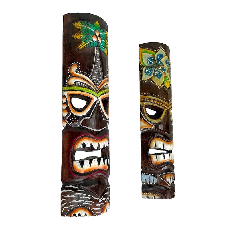 Carved Wood 20 Inch Tiki Wall Masks Palm/ Plumeria Flower (Set Of 2)