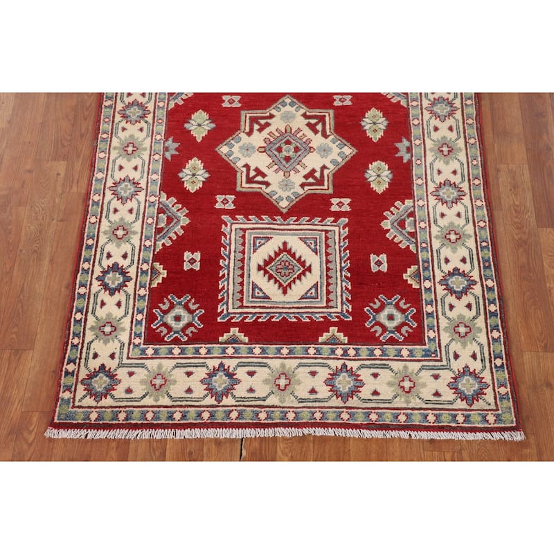 Red Geometric Kazak Foyer Rug Handmade Oriental Wool Carpet - 3'6" x 5'1"