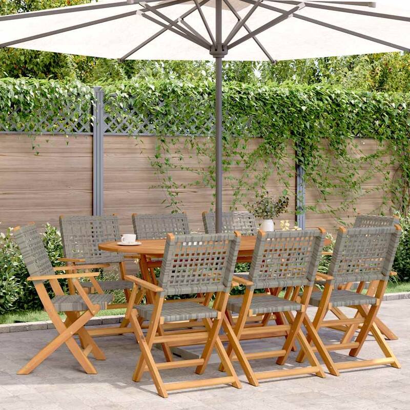 vidaXL Folding Patio Chairs Seating Outdoor Furniture Poly Rattan and Solid Wood - 22.4 x 21.3 x 35.8 - Grey - 8 pieces
