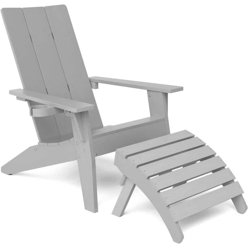 WINSOON 2-Piece All Weather HIPS Outdoor Adirondack Chair with Cup-Holder and Ottoman - Grey
