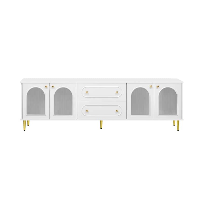 78.7'' Modern TV Stand with Five Metal Legs & Metal Handles, Glass Door Metal TV Cabinet with 2 Drawers & 2 Cabinets, Up to 80''