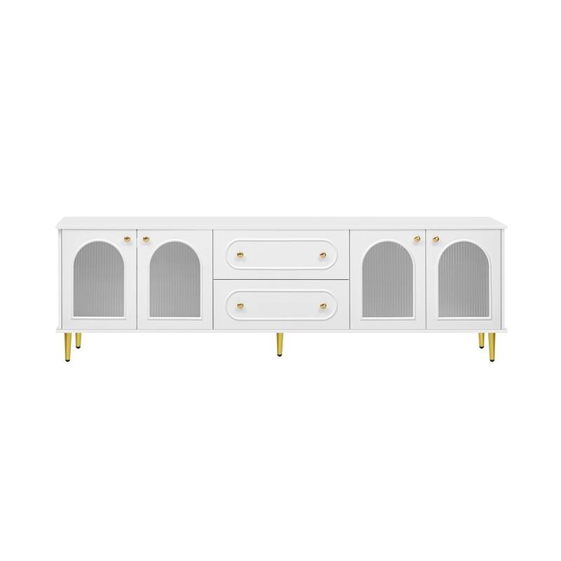 Roomfitters Modern TV Stand for up to 80 Inch TV, Media Console with Fluted Glass Doors, Drawers and Metal Legs, White