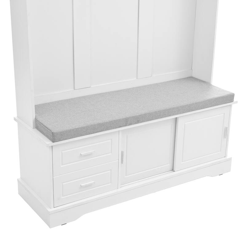 Hall Tree with Sliding Doors, Versatile Coat Rack with 6 Hooks & Handles, Mudroom Upholstered Bench Cabinet w/ Shoe Storag
