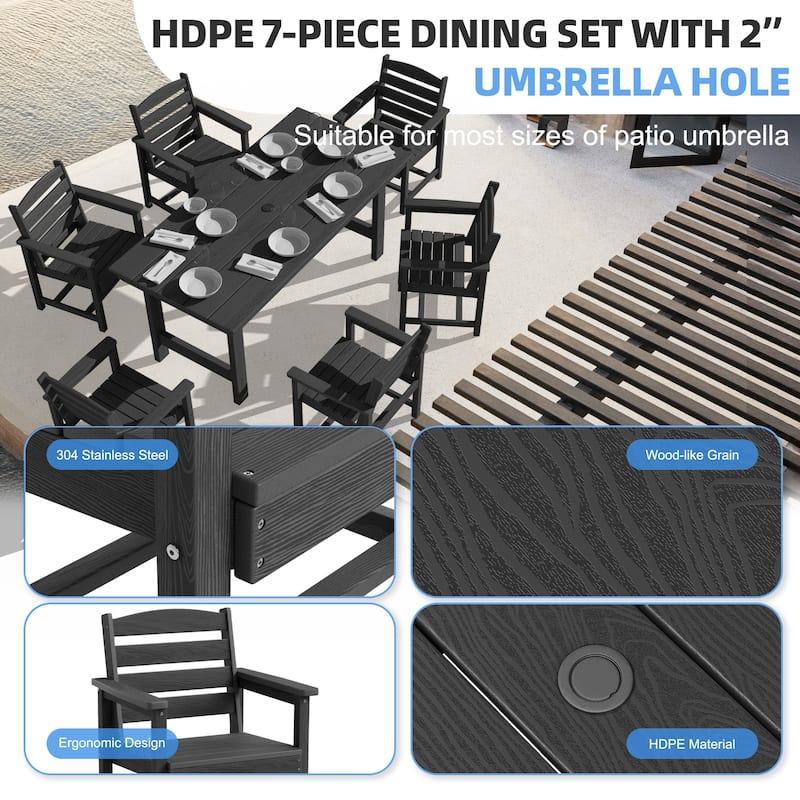 7-Piece HDPE Outdoor Dining Table Sets with Umbrella Hole - 1-Table 6-Chairs