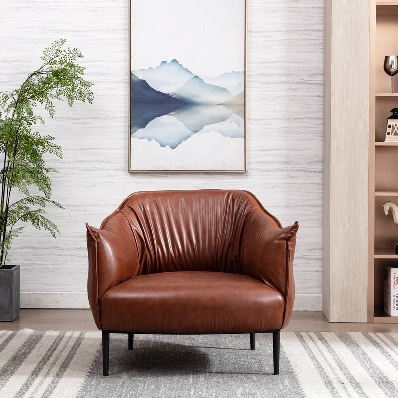 KINWELL 33" Wide Faux Vegan Leather Upholstery Barrel Chair - Chestnut Brown