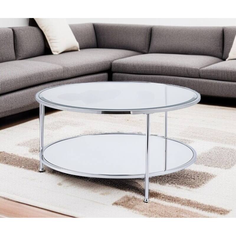 34" Chrome Glass And Metal Round Mirrored Coffee Table - 18.25" H x 33.75" W x 33.75" D - 18.25" H x 33.75" W x 33.75" D - Silver - Glass