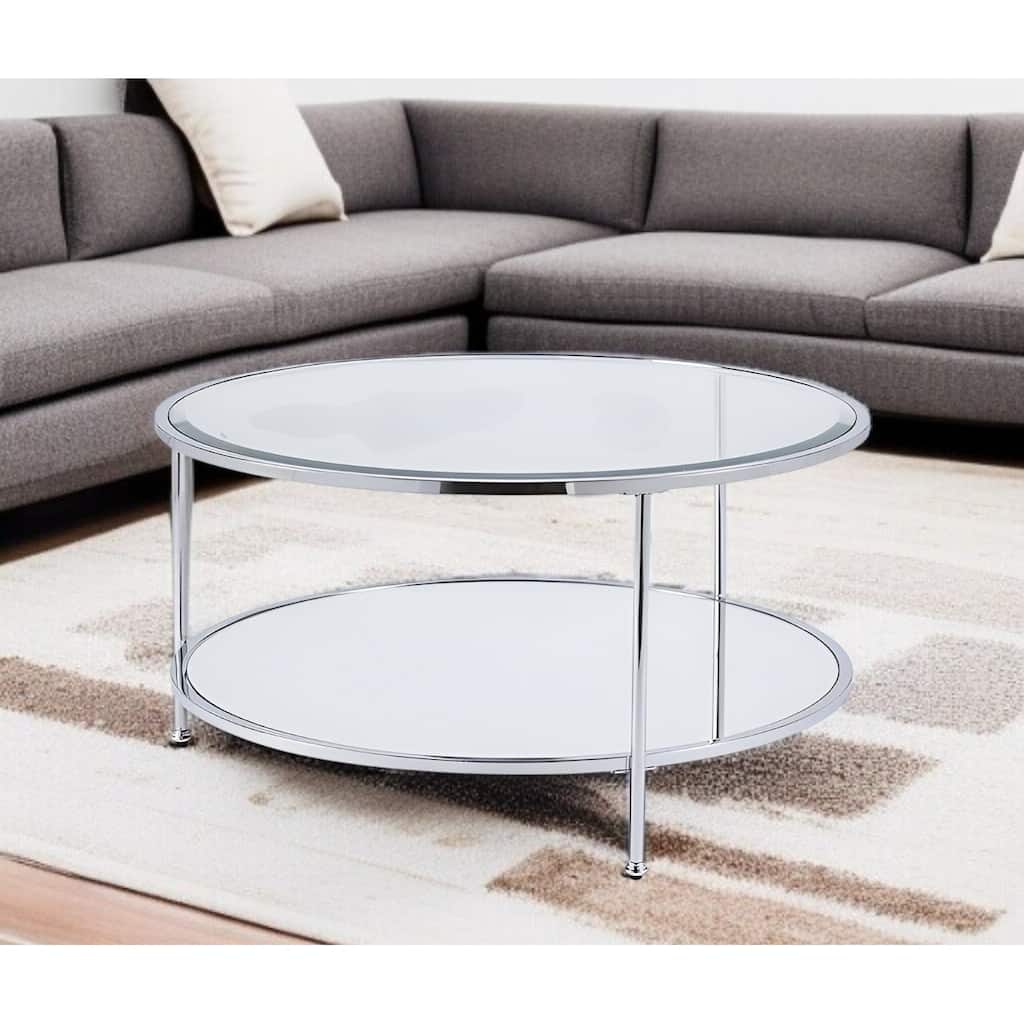 34" Chrome Glass And Metal Round Mirrored Coffee Table - 18.25" H x 33.75" W x 33.75" D