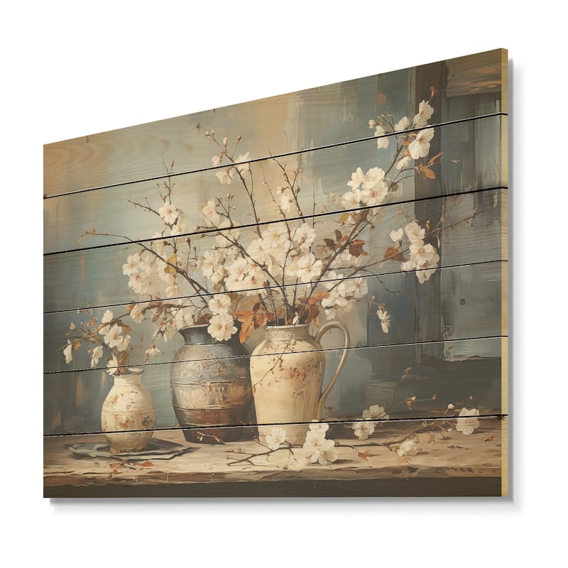 Designart "Pottery And Flowers Still Life I" Trees Wood Wall Decor - Traditional Brown Wood Panel On Natural Pine Wood