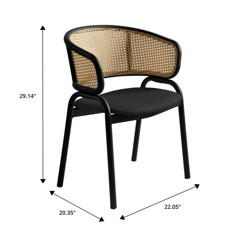 LeisureMod Set of 4 Modern Wicker Back Leather Dining Chairs with Black Steel Frame - Accent Side Armchair for Home Upgrade