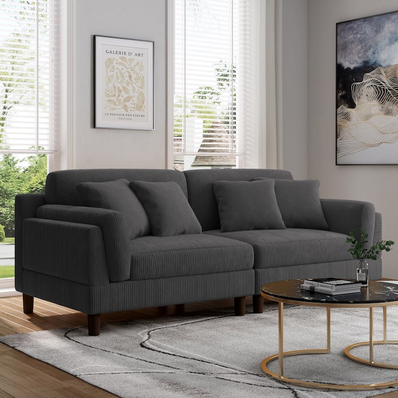 90" Corduroy Sectional Sofa Lounge Sleeper Sofa - Grey Set&4 Pillows