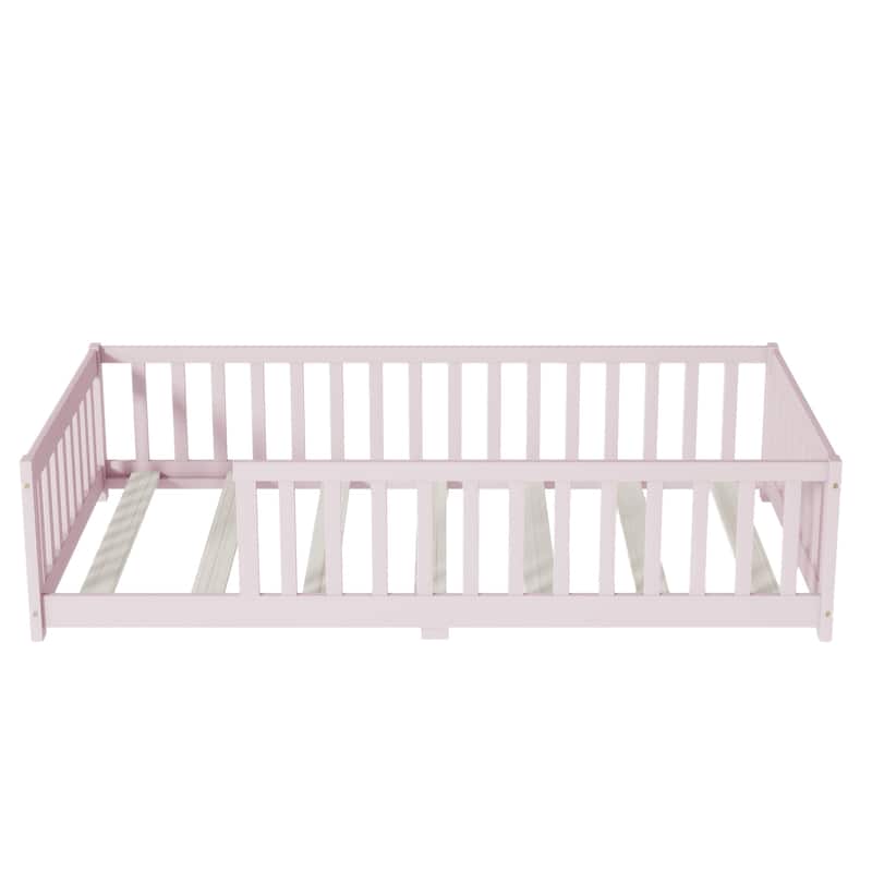 Montessori Twin Size Toddler Floor Bed with Fence without Door, Open-row Design Wood Frame Platform Bed with Safety Guardrails