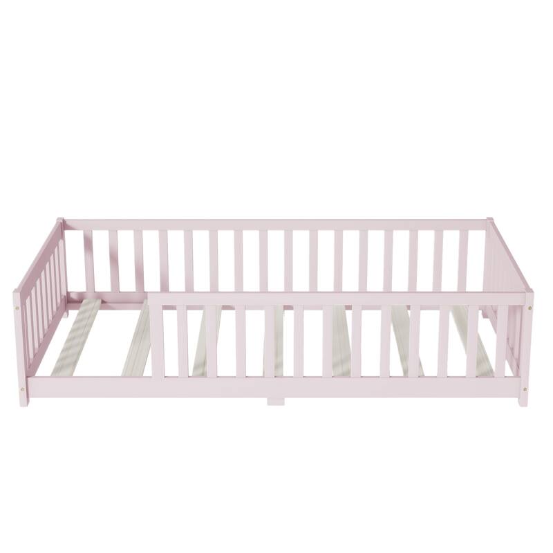 Twin Size Rubber Wood Floor Panel Bed with Safety Fence - No Door Version