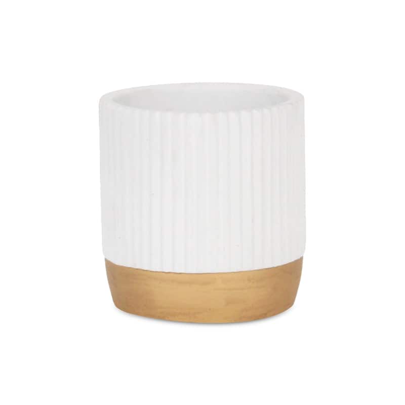 Aurone Round Ridged Ceramic Pot with Gold Finished Base - White - Small
